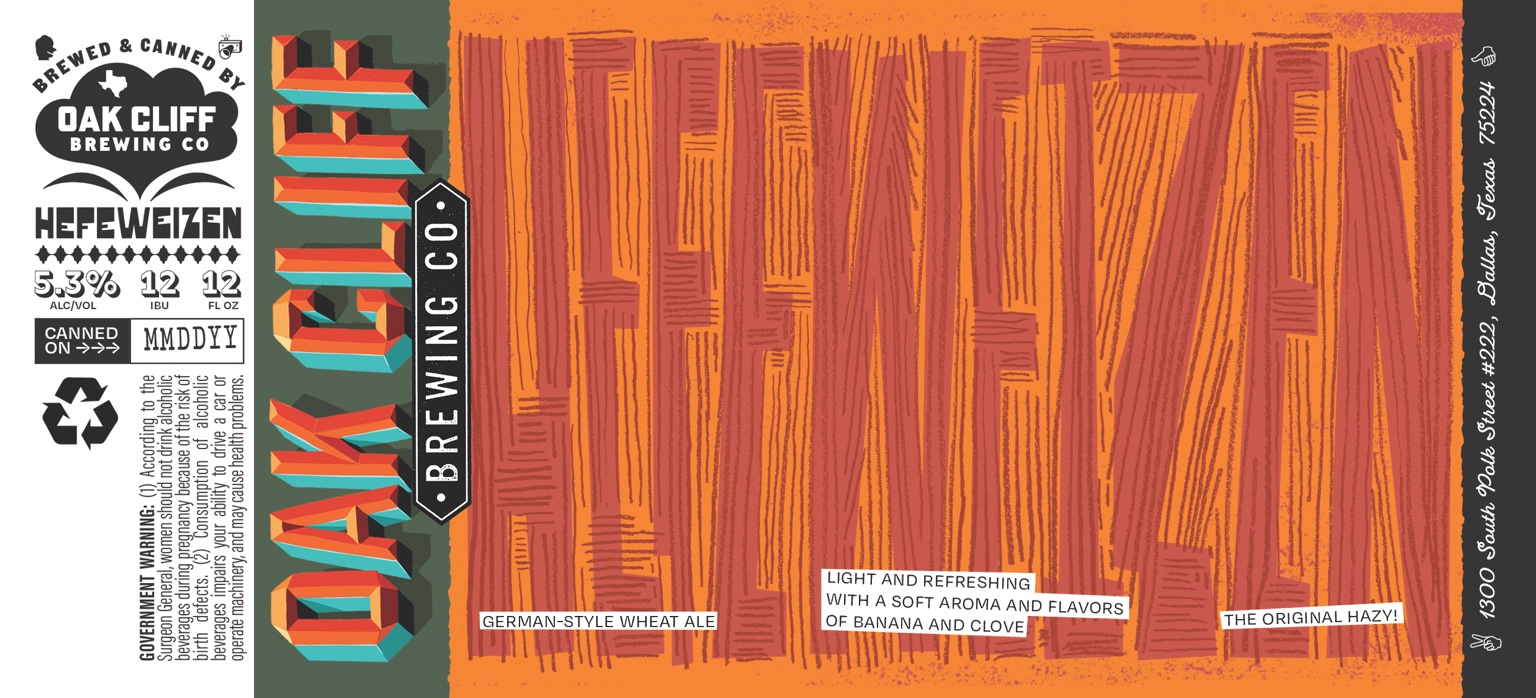 Original Hefeweizen label with orange textured lettering, a green Oak Cliff panel, and turquoise accents