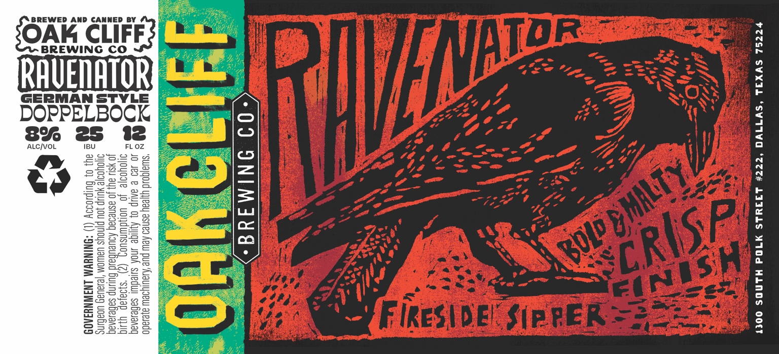 Ravenator label featuring a black raven on a red-orange background